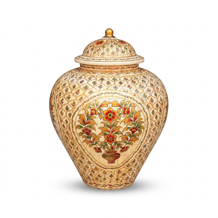Hand-Painted Camel Bone Lidded Urns — Matching Pair, Mughal Floral Bouquet on Ivory Ground