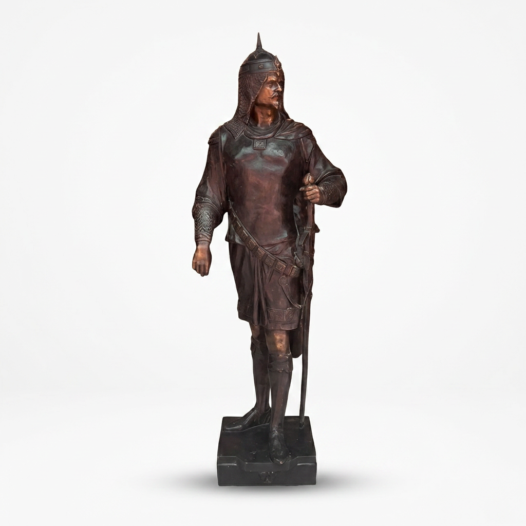 Life-Size Bronze Warrior Sculpture — Standing Armoured Sentinel on Bronze Base