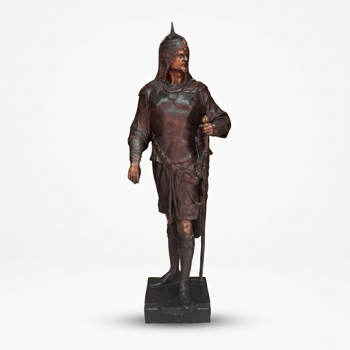 Life-Size Bronze Warrior Sculpture — Standing Armoured Sentinel on Bronze Base