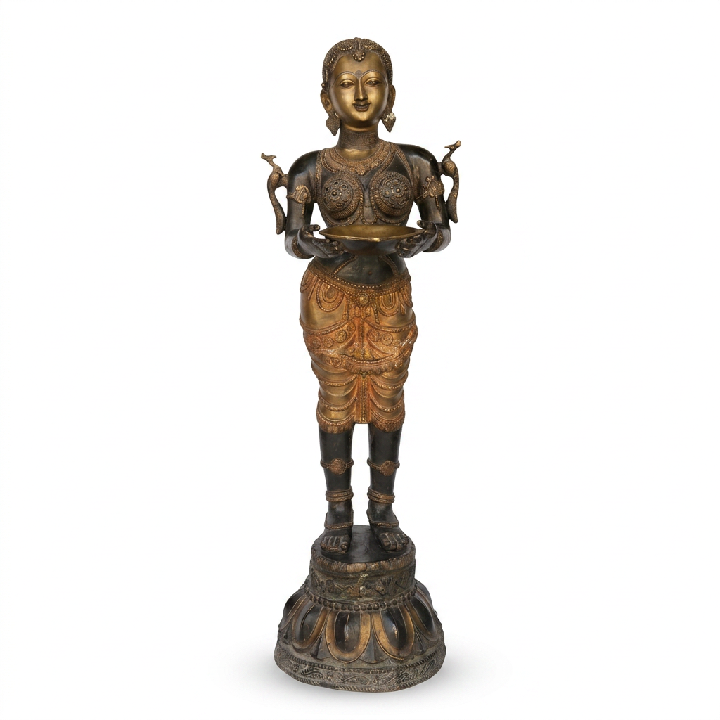 Life-Size Bronze Deepa Lakshmi Sculpture — Temple Attendant with Offering Tray
