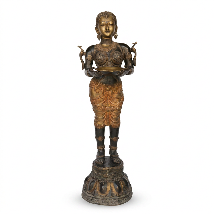 Life-Size Bronze Deepa Lakshmi Sculpture — Temple Attendant with Offering Tray