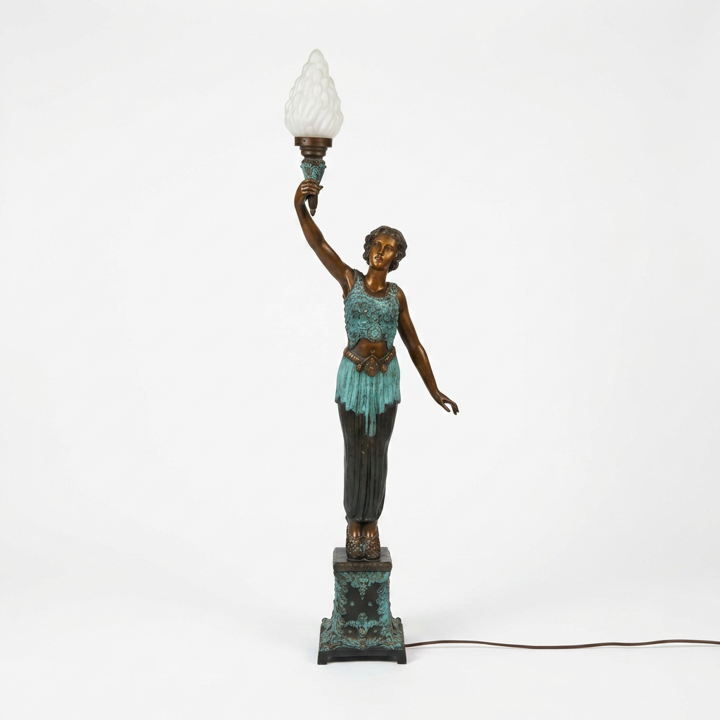 Bronze Female Torchère Floor Lamps — Matching Pair of Art Deco Torch Bearers with Frosted Glass Flame Shade