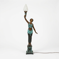 Bronze Female Torchère Floor Lamps — Matching Pair of Art Deco Torch Bearers with Frosted Glass Flame Shade