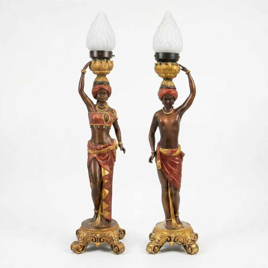 Orientalist Figural Torchère Lamps — Polychrome Bronze Male & Female Pair with Frosted Glass Flame Shade