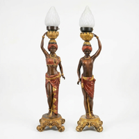 Orientalist Figural Torchère Lamps — Polychrome Bronze Male & Female Pair with Frosted Glass Flame Shade