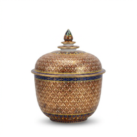 Hand-Painted Ceramic Lidded Bowls — Crimson & Gold Tulip Lattice with Cobalt Band, Matching Pair
