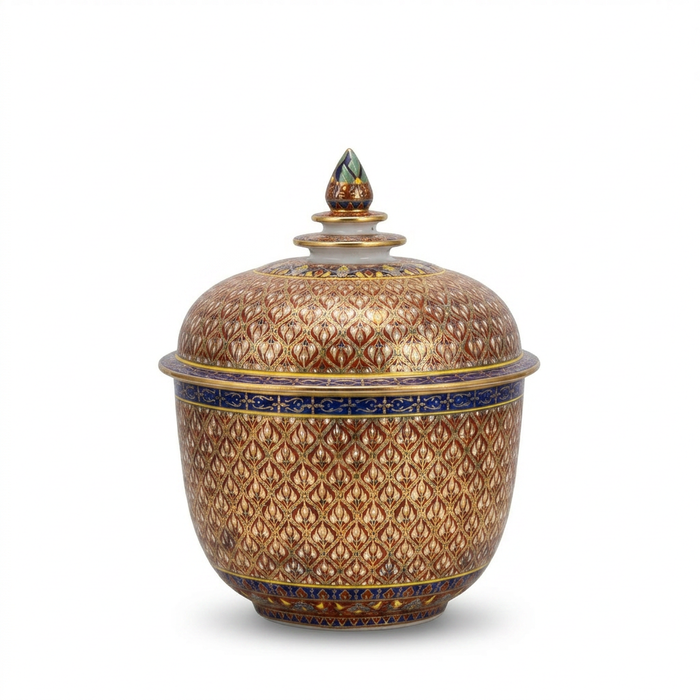 Hand-Painted Ceramic Lidded Bowls — Crimson & Gold Tulip Lattice with Cobalt Band, Matching Pair