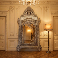 Monumental Antique Mirror — Hand-Inlaid Mother of Pearl & Camel Bone with Pierced Crown