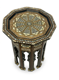 Syrian Octagonal Side Table — Camel Bone, Mother of Pearl & Walnut with Open Carved Arches
