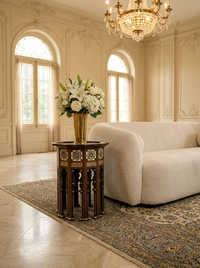 Syrian Octagonal Side Table — Camel Bone, Mother of Pearl & Walnut with Open Carved Arches