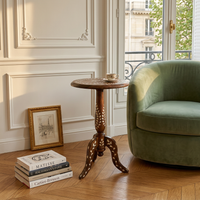 Moroccan Round Pedestal Side Table — Walnut Wood with Mother of Pearl Inlay