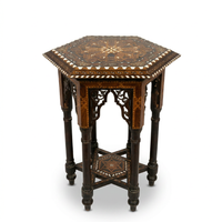Syrian Hexagonal Side Table — Camel Bone, Mother of Pearl & Wood Marquetry with Carved Arches