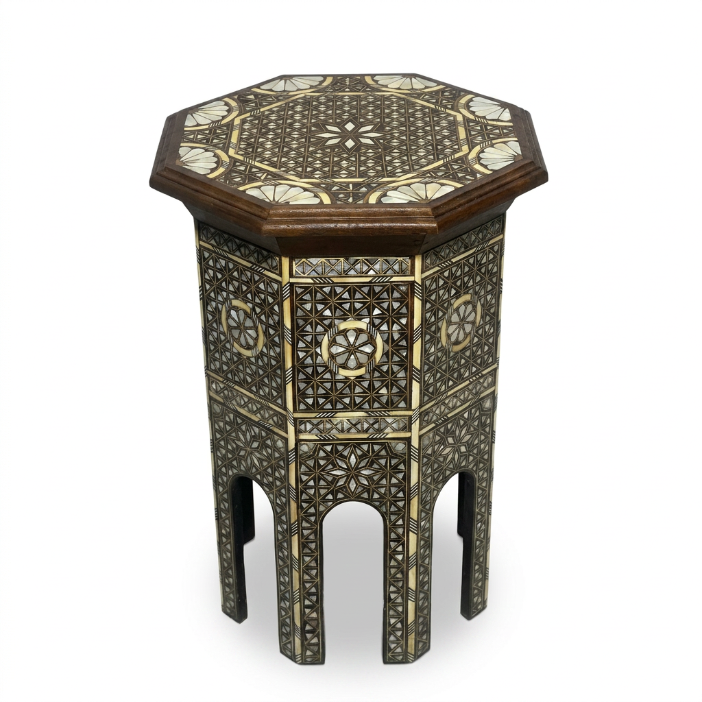 Syrian Octagonal Side Table — Camel Bone, Mother of Pearl & Wood Marquetry on Ebony