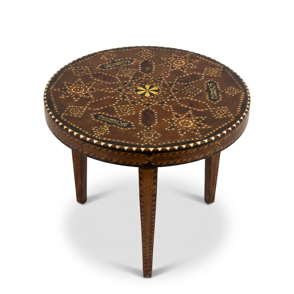 Syrian Round Side Table — Hand-Inlaid Camel Bone & Mother of Pearl on Walnut