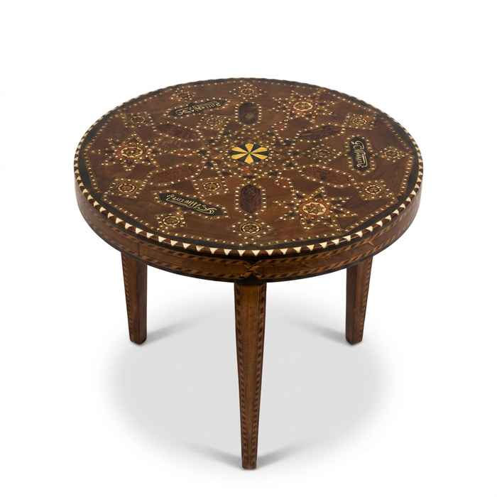 Syrian Round Side Table — Hand-Inlaid Camel Bone & Mother of Pearl on Walnut