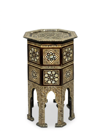 Syrian Octagonal Side Table — Camel Bone, Mother of Pearl & Wood with Islamic Star Medallion