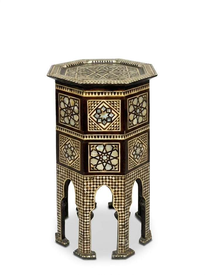 Syrian Octagonal Side Table — Camel Bone, Mother of Pearl & Wood with Islamic Star Medallion