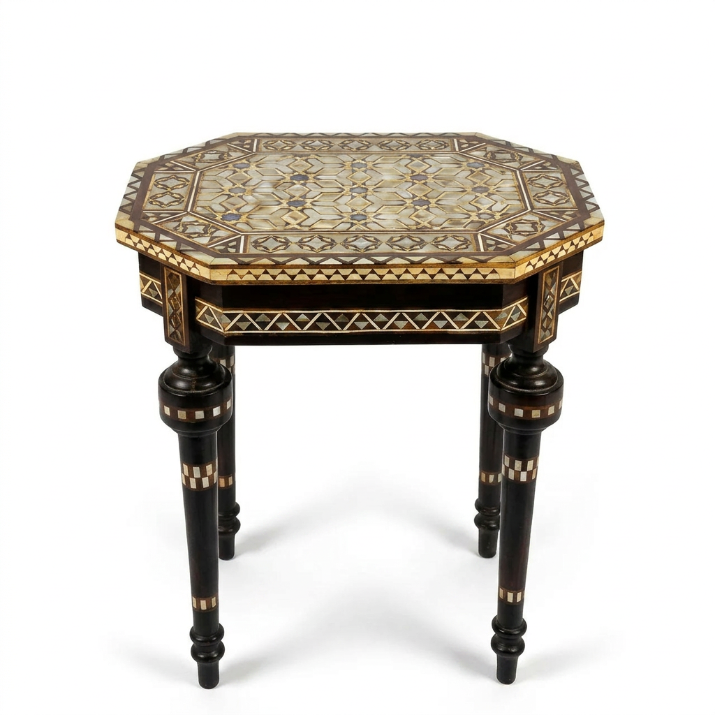 Syrian Octagonal Low Table — Hand-Inlaid Mother of Pearl & Camel Bone on Ebony Turned Legs