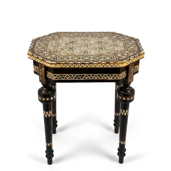 Syrian Octagonal Low Table — Hand-Inlaid Mother of Pearl & Camel Bone on Ebony Turned Legs