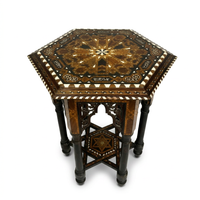 Syrian Hexagonal Side Table — Camel Bone, Mother of Pearl & Wood Marquetry with Carved Arches