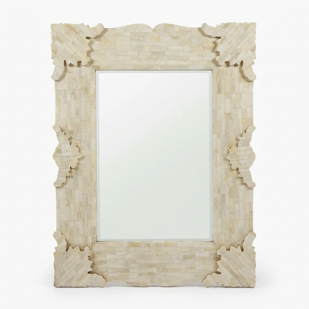 Wall Mirror — Full Camel Bone Tile Frame with Carved Corner Flourishes
