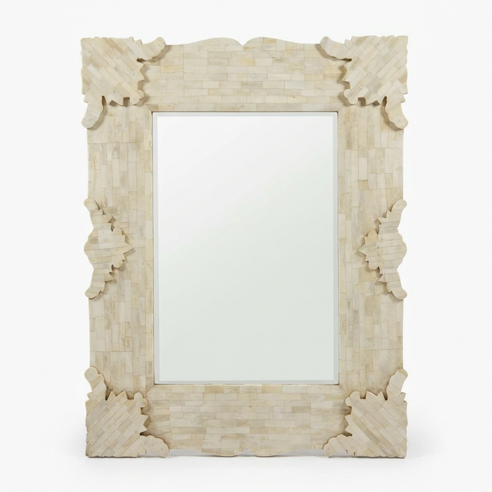 Wall Mirror — Full Camel Bone Tile Frame with Carved Corner Flourishes