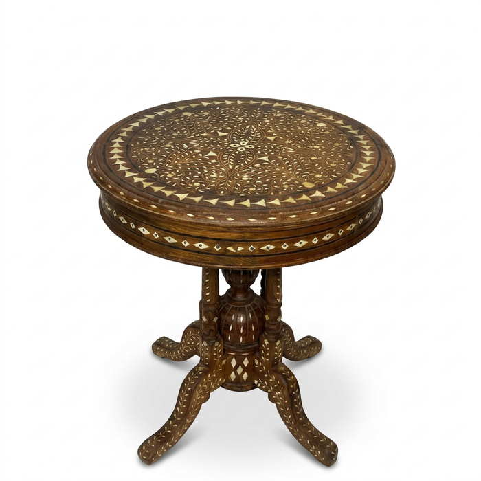 Syrian Round Pedestal Table — Camel Bone, Mother of Pearl & Wood Inlay on Carved Walnut Base