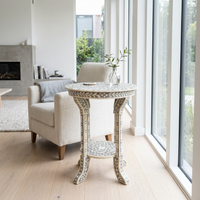 Camel Bone & Grey Resin Round Two-Tier Side Table — Botanical Leaf Inlay