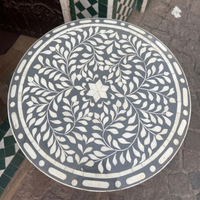 Camel Bone & Grey Resin Round Two-Tier Side Table — Botanical Leaf Inlay