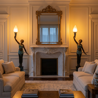 Bronze Female Torchère Floor Lamps — Matching Pair of Art Deco Torch Bearers with Frosted Glass Flame Shade