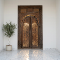 Antique Hand-Carved Wooden Door — Full Floral Lattice with Moorish Arch