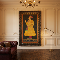 Antique Royal Portrait Painting — Mughal Miniature Style on Canvas in Hand-Carved Wooden Frame