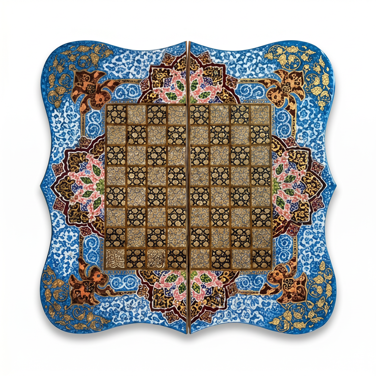 Khatam & Hand-Painted Lacquer Chess Board — Cobalt Blue Floral Border with Shaped Edge, Board Only