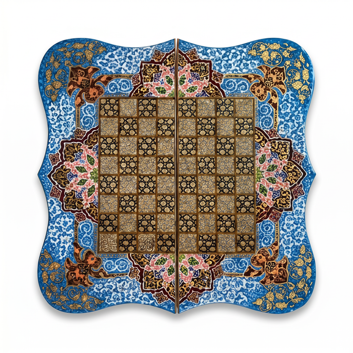 Khatam & Hand-Painted Lacquer Chess Board — Cobalt Blue Floral Border with Shaped Edge, Board Only