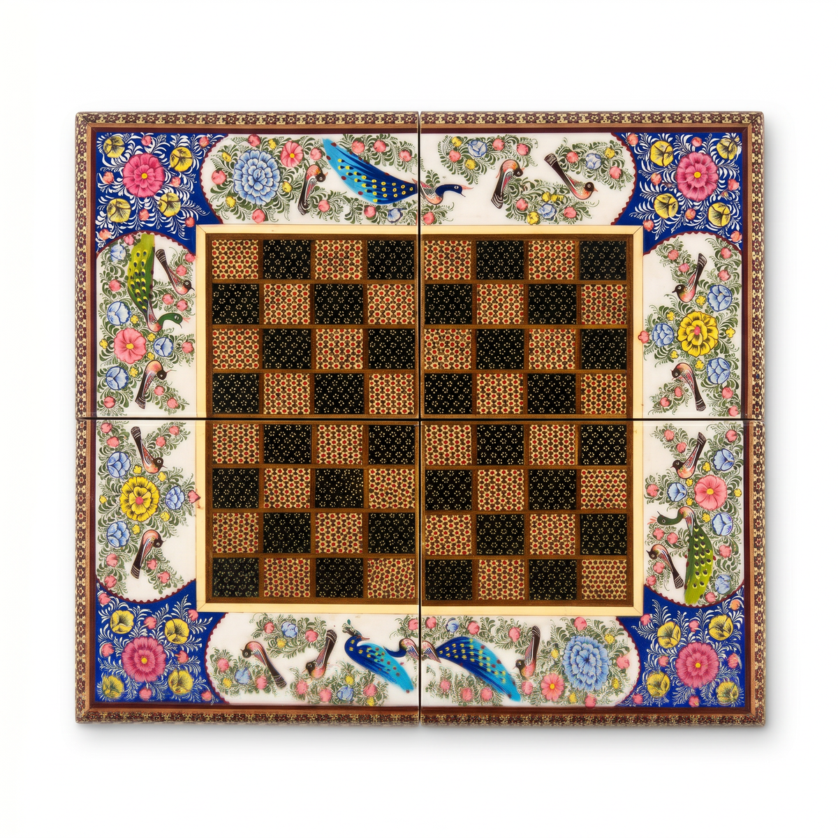 Khatam & Hand-Painted Lacquer Chess Board — Polychrome Peacock & Floral Border, Board Only