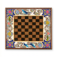 Khatam & Hand-Painted Lacquer Chess Board — Polychrome Peacock & Floral Border, Board Only