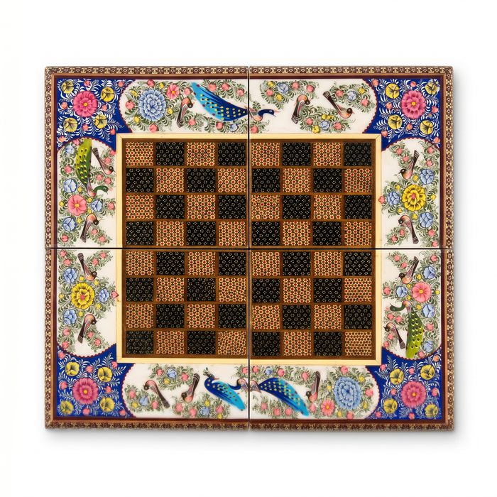 Khatam & Hand-Painted Lacquer Chess Board — Polychrome Peacock & Floral Border, Board Only