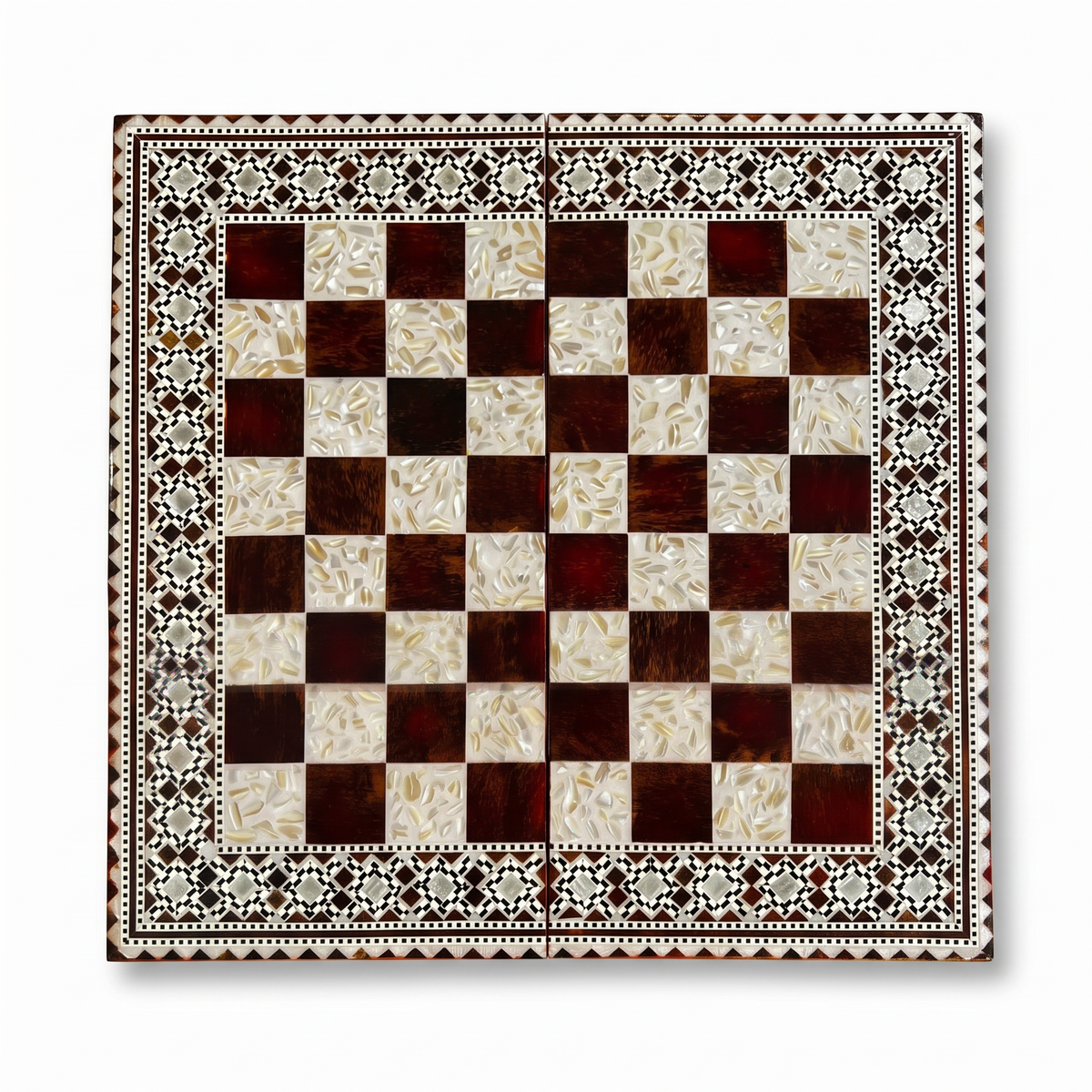 Wood & Mother of Pearl Chess Board — Burgundy & Crushed Shell Playing Field with Geometric Border, Board Only