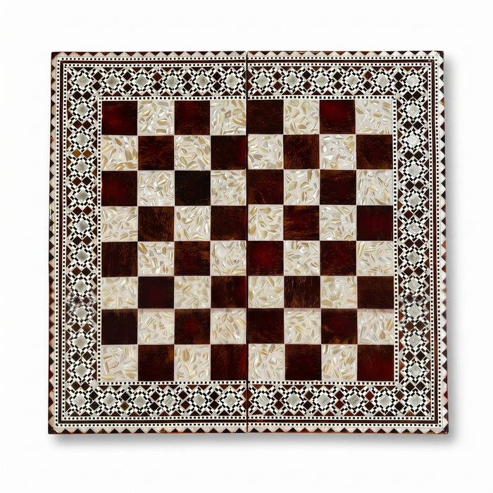Wood & Mother of Pearl Chess Board — Burgundy & Crushed Shell Playing Field with Geometric Border, Board Only