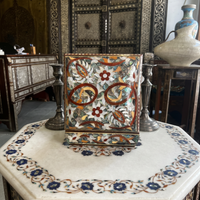 Square Abalone & Mother of Pearl Jewellery Box — Polychrome Floral Arabesque with Diamond Border