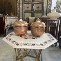 Hand-Painted Ceramic Lidded Bowls — Crimson & Gold Tulip Lattice with Cobalt Band, Matching Pair