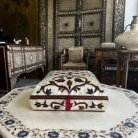 Square Mother of Pearl & Wood Inlay Jewellery Box — Floral Arabesque with Red Ribbon Pull