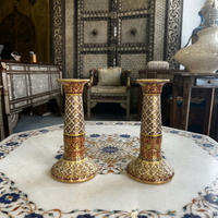 Cloisonné Enamel Candlesticks — Crimson & Gold Arabesque, Matching Pair