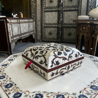 Square Mother of Pearl & Wood Inlay Jewellery Box — Floral Arabesque with Red Ribbon Pull