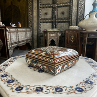 Square Abalone & Mother of Pearl Jewellery Box — Polychrome Floral Arabesque with Diamond Border