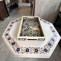 Camel Bone & Resin Inlay Serving Tray — Floral Medallion with Leaf Sprays on Dark Ground