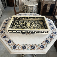 Camel Bone & Resin Inlay Serving Tray — Floral Medallion with Leaf Sprays on Dark Ground