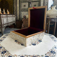 Square Mother of Pearl Jewellery Box — Ivory Shell Mosaic with Dark Floral Arabesque Lid