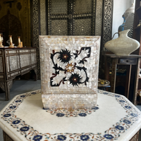 Square Mother of Pearl Jewellery Box — Ivory Shell Mosaic with Dark Floral Arabesque Lid