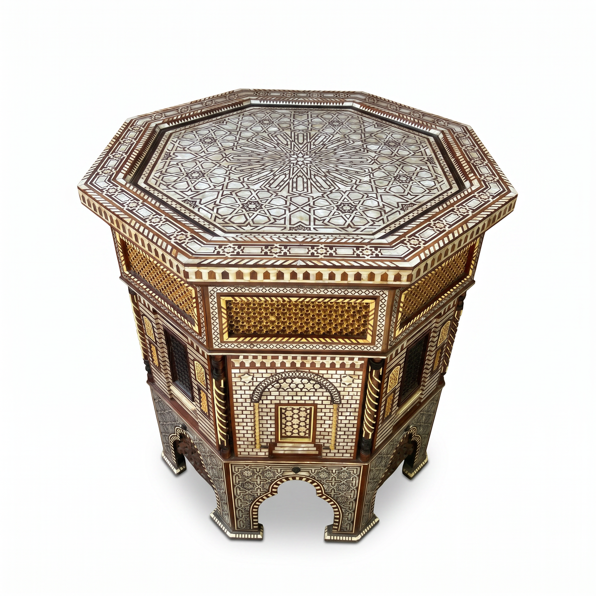 Mother of Pearl, Camel Bone & Carved Wood Octagonal Side Table — Grand Moorish Star Inlay